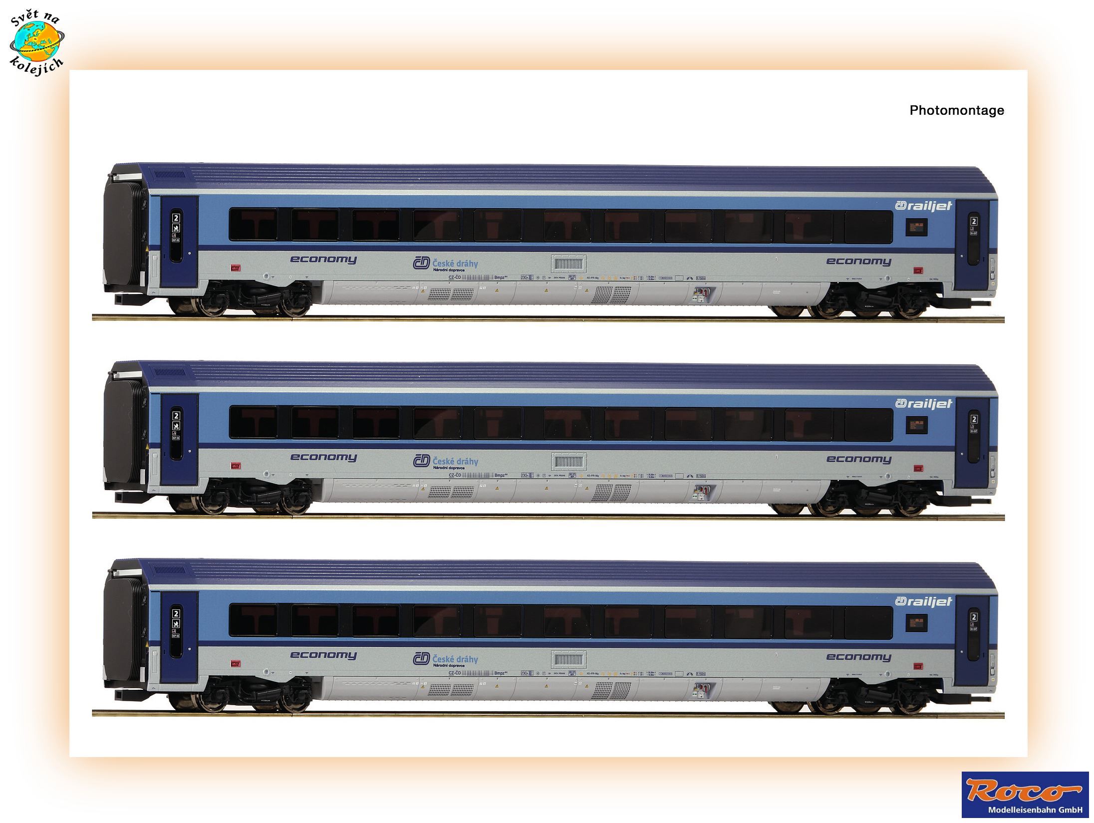 ROCO 74068 HO - TŘÍDÍLNÝ SET RYCHLÍKOVÝCH VOZŮ RAILJET, ČD OSVĚTLENÍ